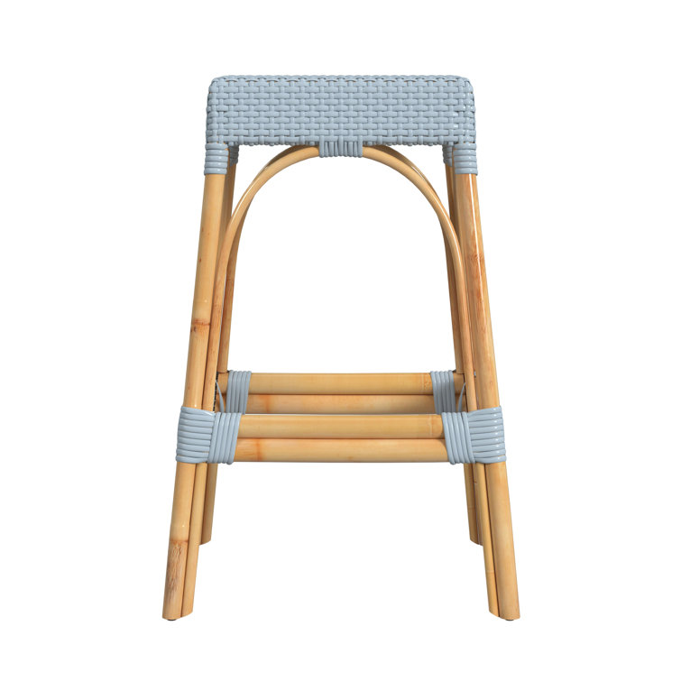 Baby Blue Rattan Backless Bar Stool with Natural Wood Frame