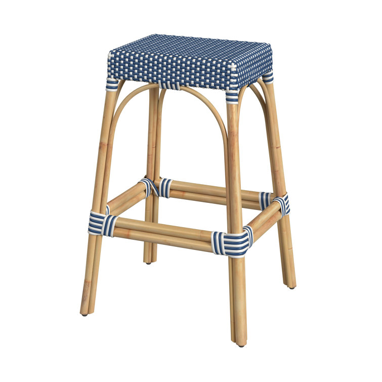 Skye Blue & White Dot 30" Backless Rattan Bar Stool