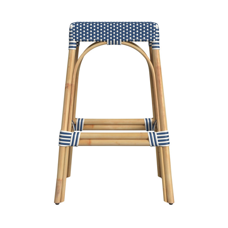 Skye Blue & White Dot 30" Backless Rattan Bar Stool