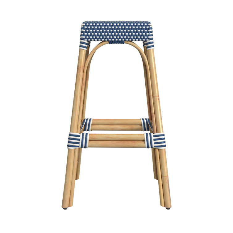 Skye Blue & White Dot 30" Backless Rattan Bar Stool