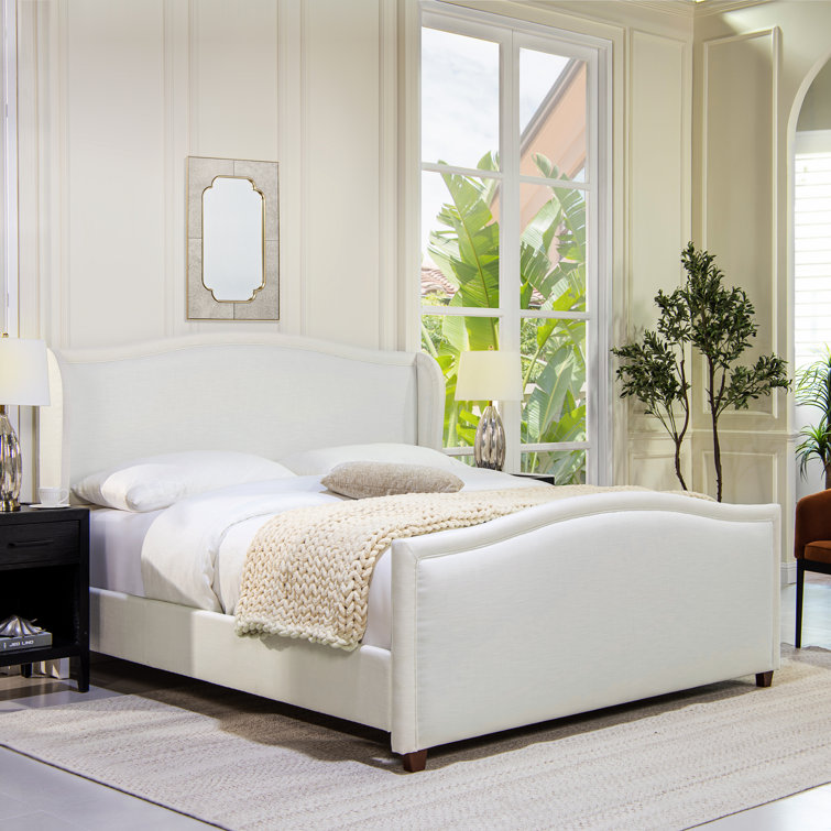 Carmen Antique White Pine King Bed with Upholstered Wingback Headboard