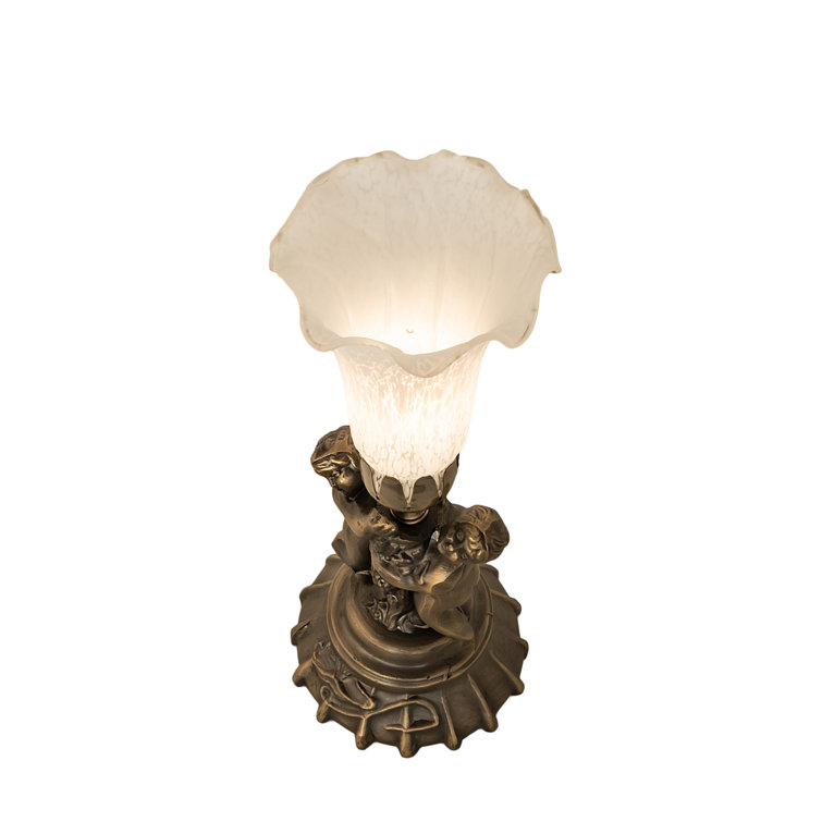 Antique Copper Twin Cherub White Stained Glass Mini Lamp