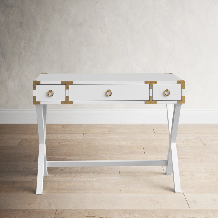 Aerilyn Glossy White Wood Writing Desk with Gold Accents
