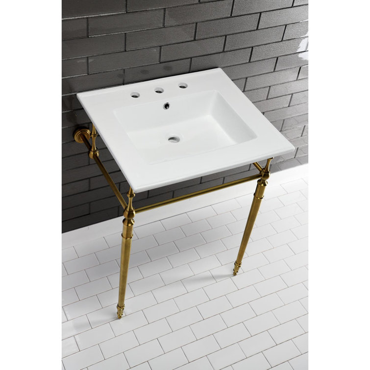 Edwardian 25-Inch White Ceramic Console Sink with Brass Legs