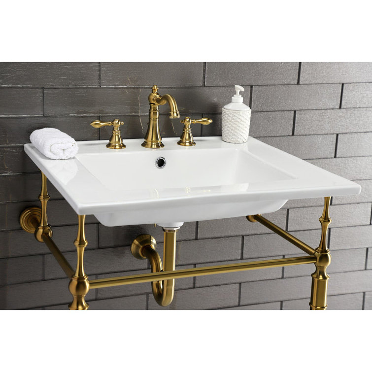 Edwardian 25-Inch White Ceramic Console Sink with Brass Legs