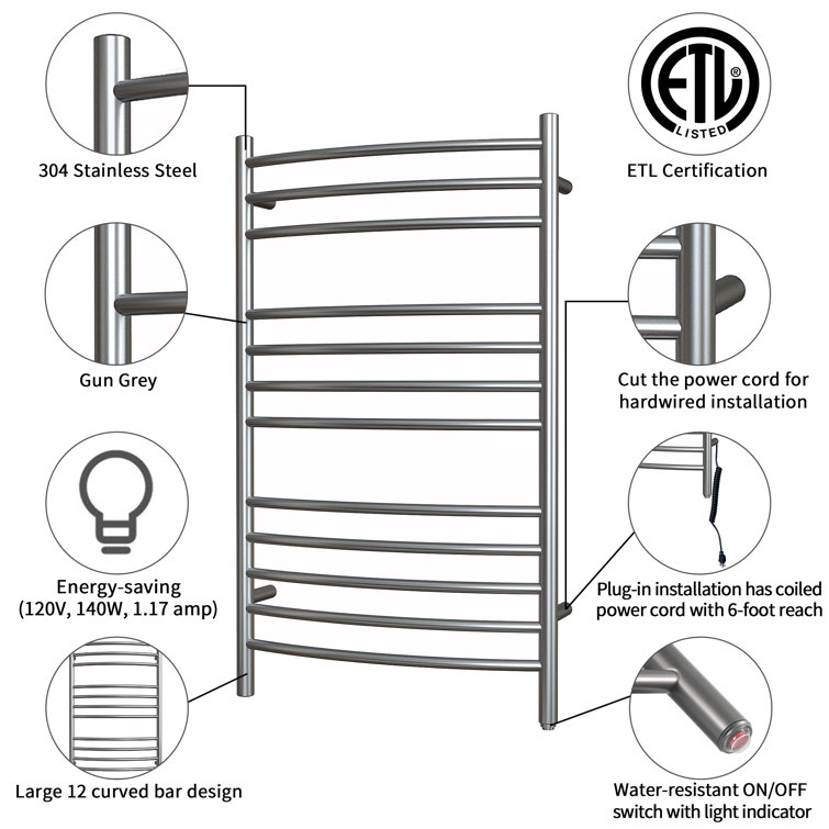 Grey Stainless Steel Wall Mounted Electric Towel Warmer