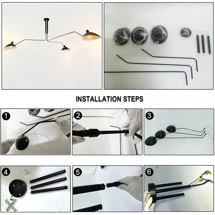 Black Metal 3-Light Adjustable Mid-Century Modern Chandelier