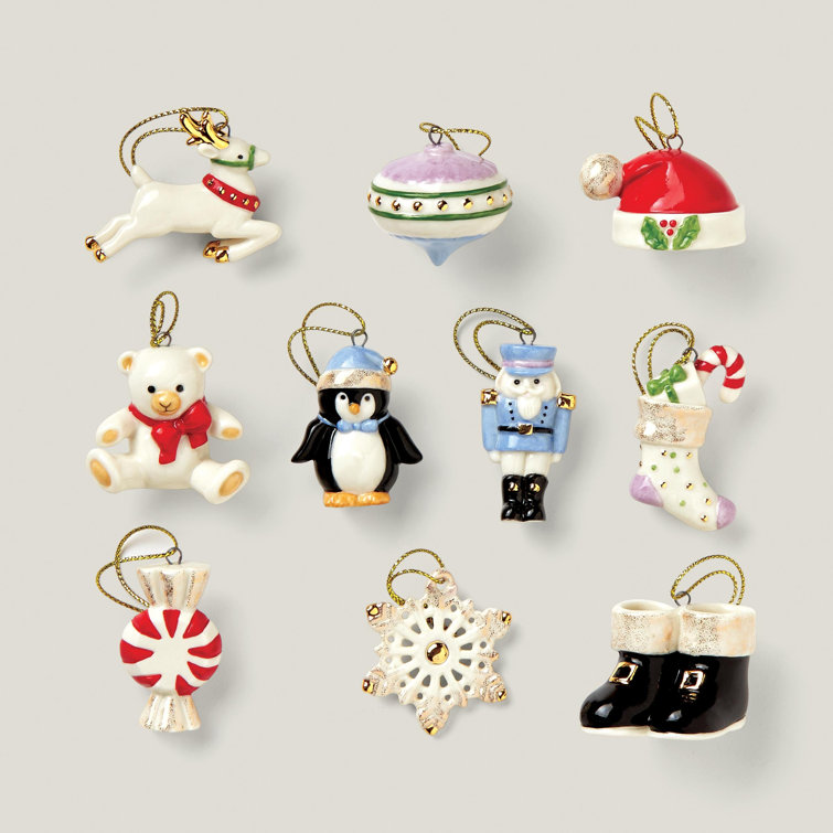 Ivory Porcelain Miniature Christmas Ornament Set with Hand-Painted Details