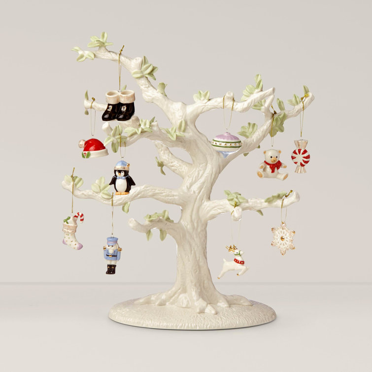 Ivory Porcelain Miniature Christmas Ornament Set with Hand-Painted Details