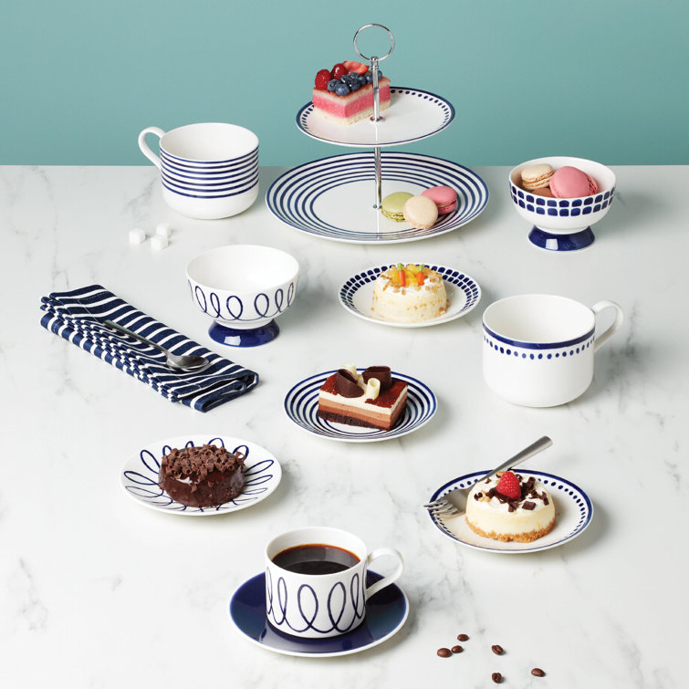 White and Blue Ceramic Cup and Saucer Set, 4 Count