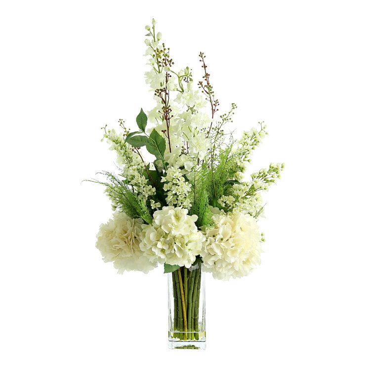 Tall Glass Vase with White Hydrangea and Fern Artificial Floral Arrangement