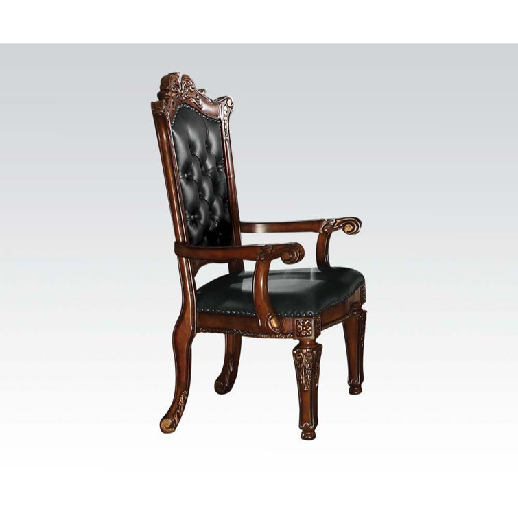 Handcrafted Brown Leather and Wood Floral Accent Chair