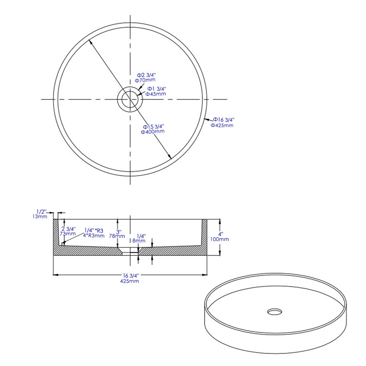 Gray Matte Circular Ceramic Bathroom Sink, 20-inch