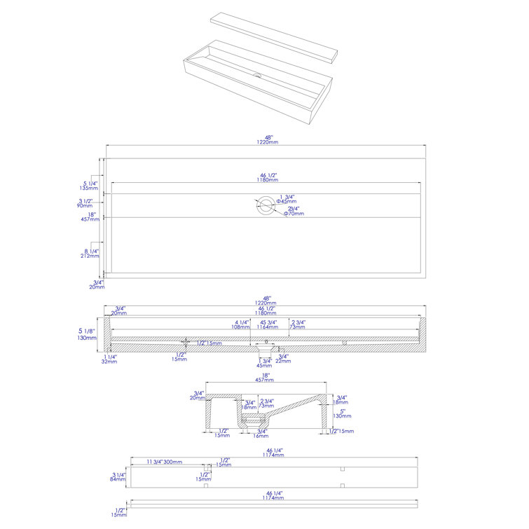 Gray Matte 52" Ceramic Rectangular Bathroom Sink