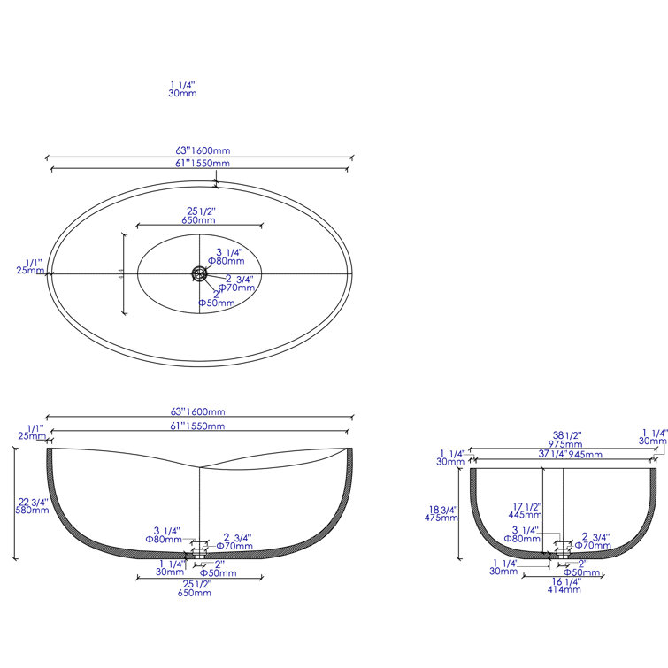 Gray Matte 63'' Freestanding Solid Concrete Oval Bathtub