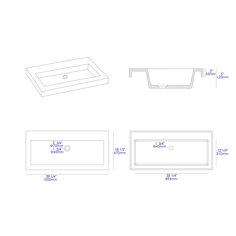 Gray Matte Concrete Rectangular Vessel Sink, 42-inch