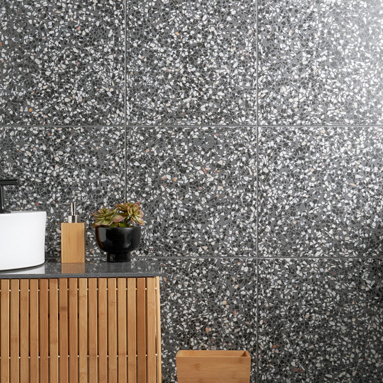 Raleigh 16.14" Polished Black and White Terrazzo Floor and Wall Tile