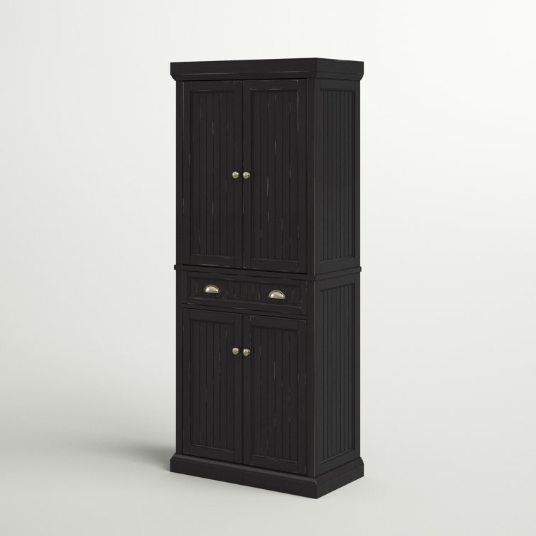 Seaside Distressed Black Solid Hardwood Coastal Pantry Cabinet