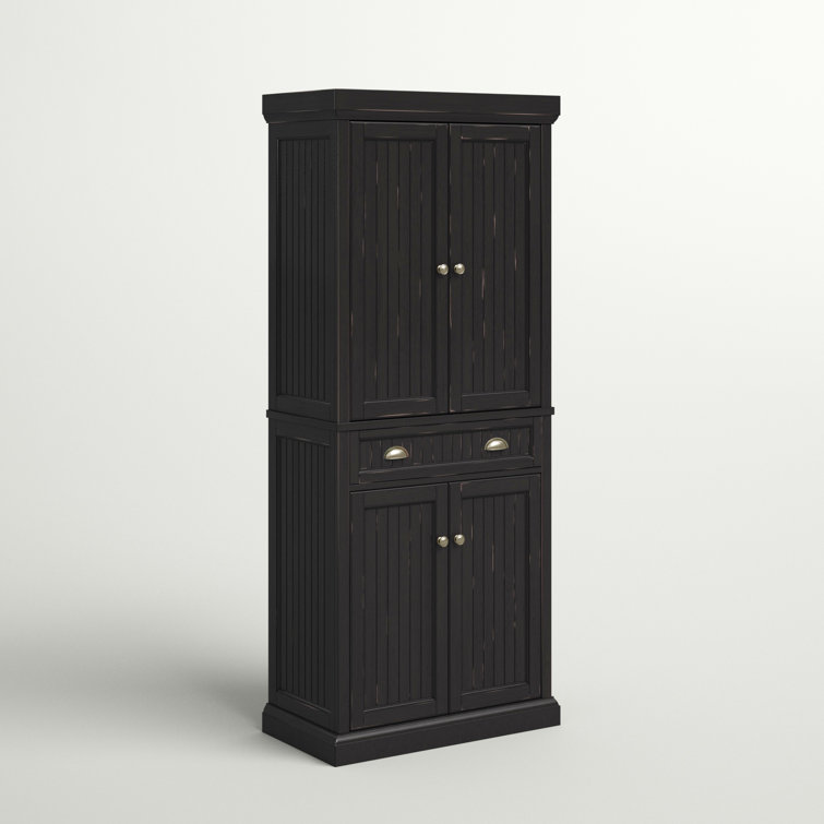 Seaside Distressed Black Solid Hardwood Coastal Pantry Cabinet