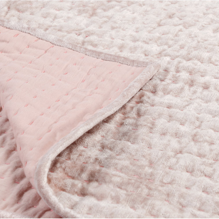 Bliss Pink Velvet King Quilt Set with Cotton Sateen Back