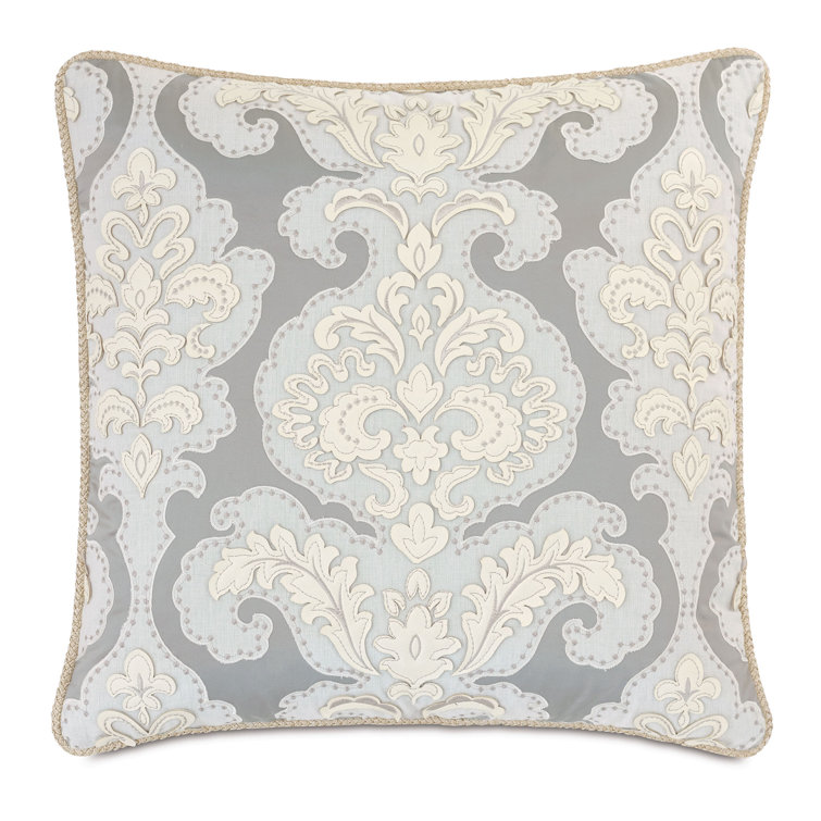 Ivory and Gray Cotton Blend Square Embroidered Throw Pillow