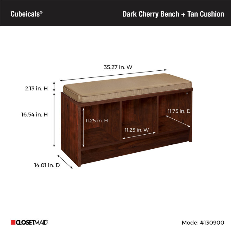 Dark Cherry Wood Storage Bench with Tan Cushion