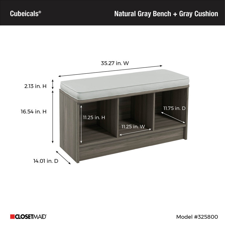 Natural Gray Composite Storage Bench with Cushioned Seat and Cubbies