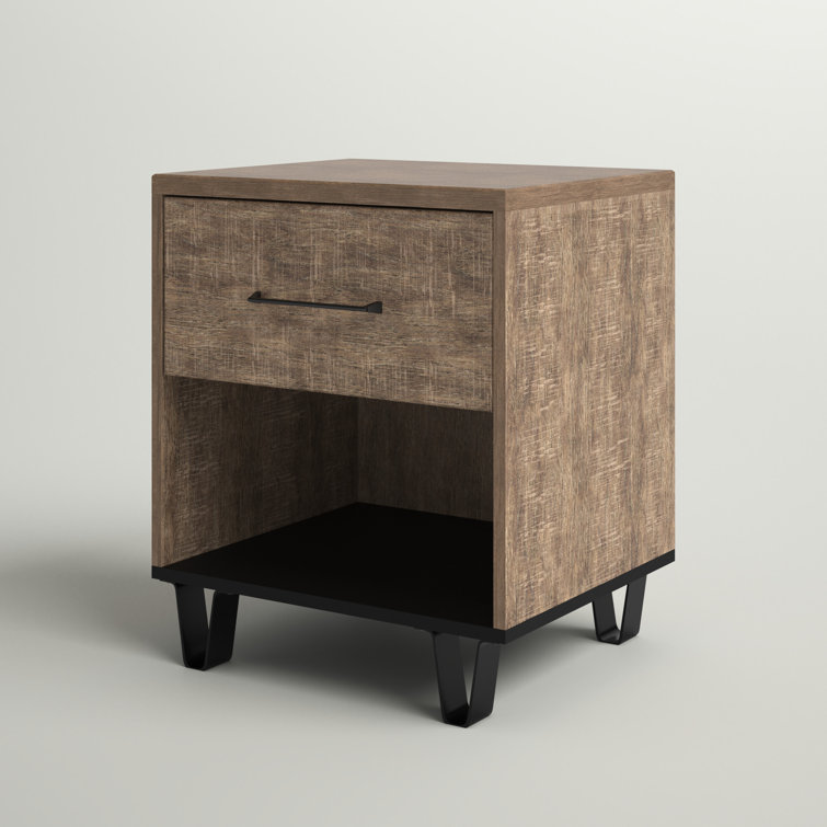 Arlen Weathered Oak 1-Drawer Nightstand with Matte Black Accents
