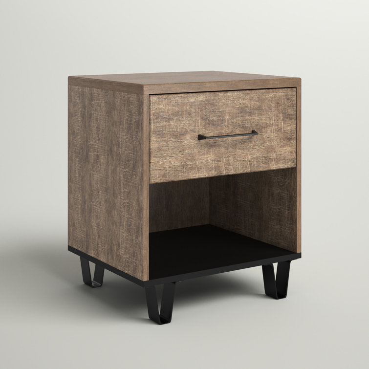 Arlen Weathered Oak 1-Drawer Nightstand with Matte Black Accents
