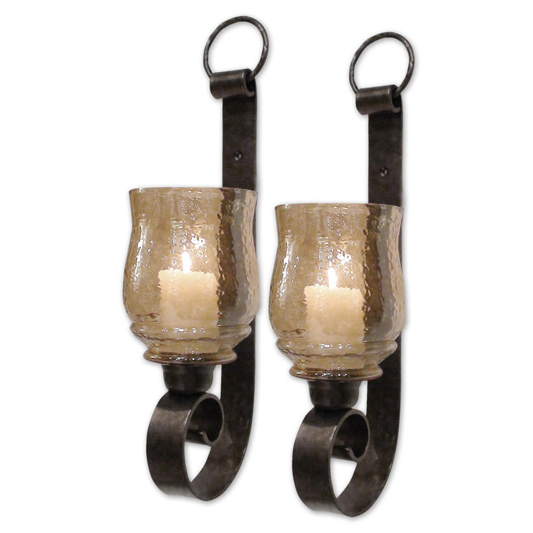 Contemporary Joselyn Black Iron and Amber Glass Wall Sconce