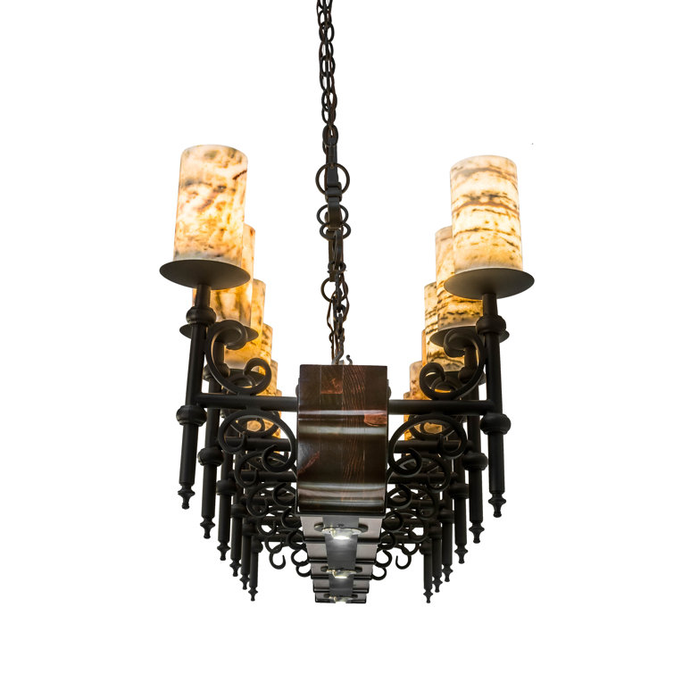 Tudor Jadestone 34" Rustic Lodge Wrought Iron & Natural Wood Chandelier
