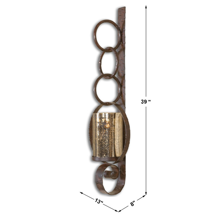 Falconara Rustic 39'' Distressed Rust Brown Metal Wall Sconce with Antiqued Mercury Glass Hurricane