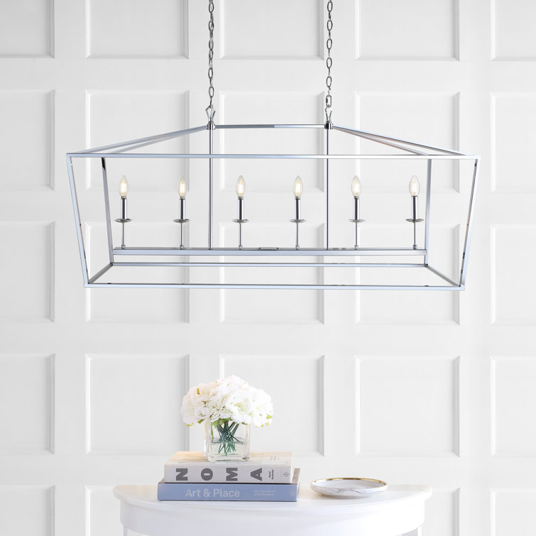 Pagoda-Inspired Chrome 49" Linear LED Pendant with 6 Candle Bulbs