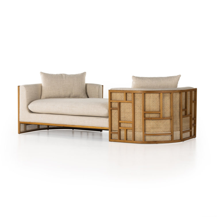 Natural Oak and Cream Linen Blend Chaise Lounge