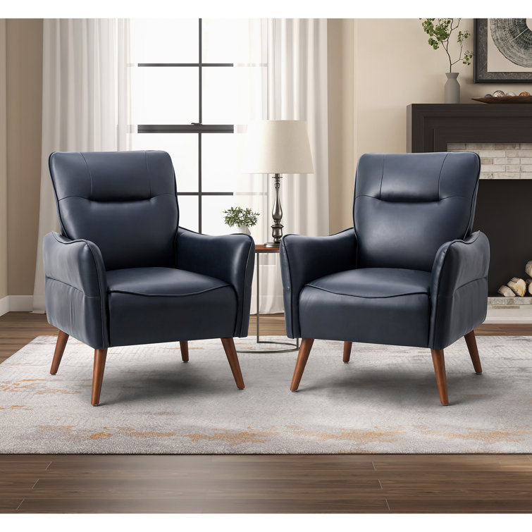 Navy Faux Leather Armchair Set with Solid Wood Legs