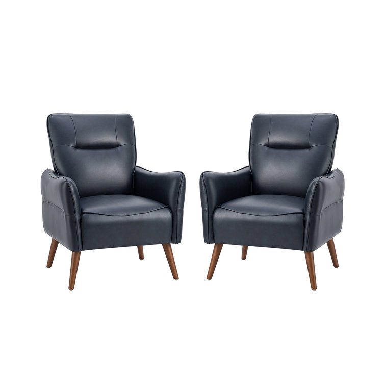 Navy Faux Leather Armchair Set with Solid Wood Legs