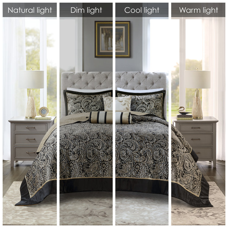 Aubrey Queen Black Cotton Reversible Jacquard Bedspread Set