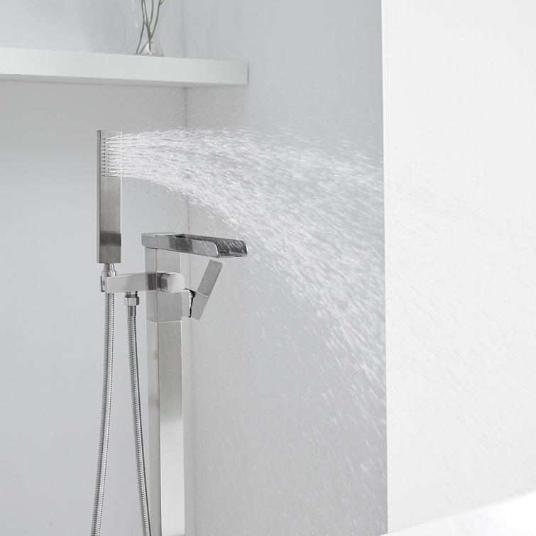 Brushed Nickel Freestanding Waterfall Tub Faucet with Hand Shower