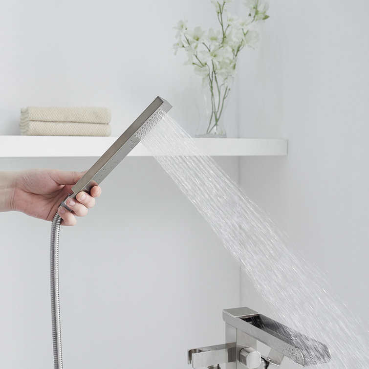 Brushed Nickel Freestanding Waterfall Tub Faucet with Hand Shower