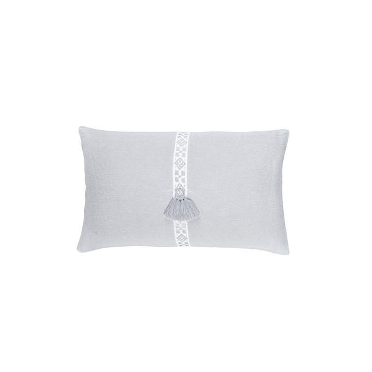 Light Gray Embroidered Linen Lumbar Pillow with Down Insert