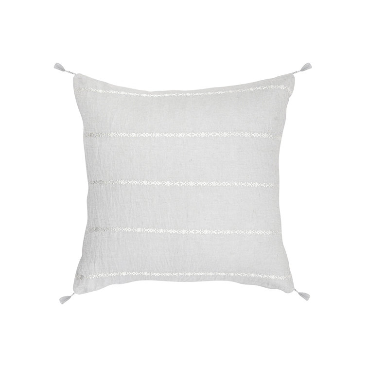 Light Gray and White Embroidered Linen Throw Pillow with Tassels