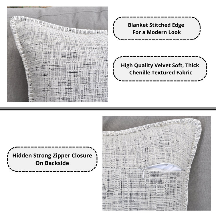 Cream White Chenille Square Throw Pillow Covers with Piped Edges, Set of 2
