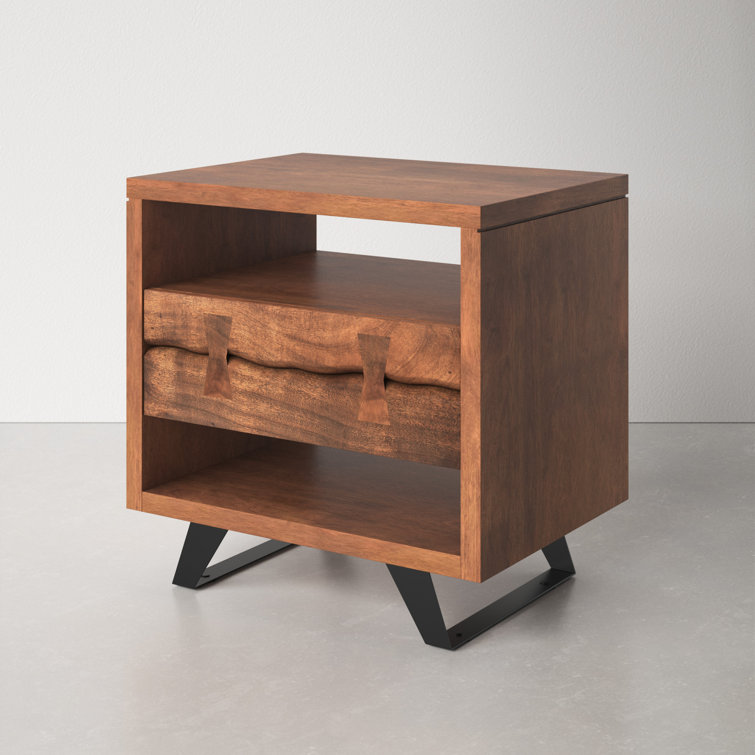 Acacia Wood and Steel 1-Drawer Nightstand with Open Shelves