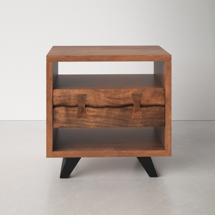 Acacia Wood and Steel 1-Drawer Nightstand with Open Shelves