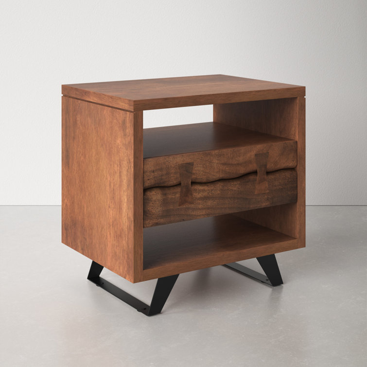 Acacia Wood and Steel 1-Drawer Nightstand with Open Shelves
