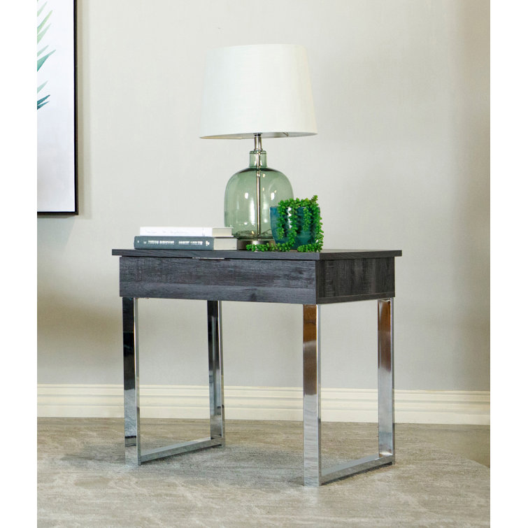 Transitional Charcoal Gray Square Wood & Metal End Table with Storage