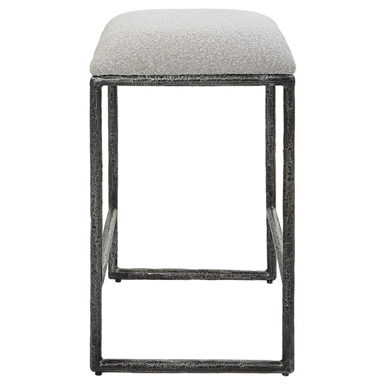 Distressed Charcoal Metal Backless Counter Stool with Boucle Seat