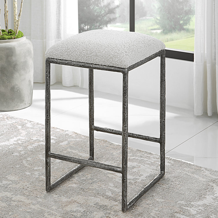 Distressed Charcoal Metal Backless Counter Stool with Boucle Seat