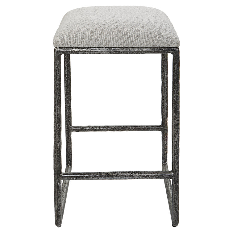 Distressed Charcoal Metal Backless Counter Stool with Boucle Seat
