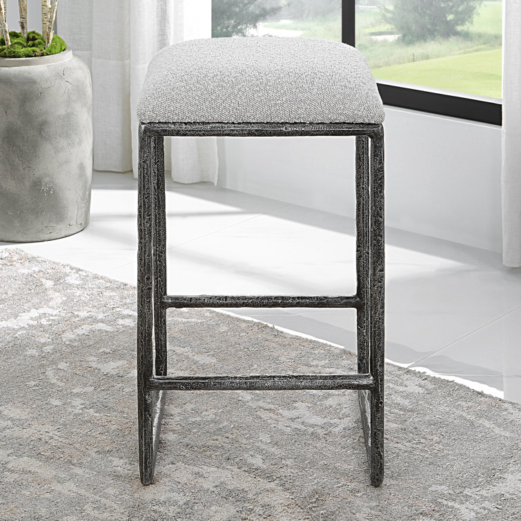 Distressed Charcoal Metal Backless Counter Stool with Boucle Seat